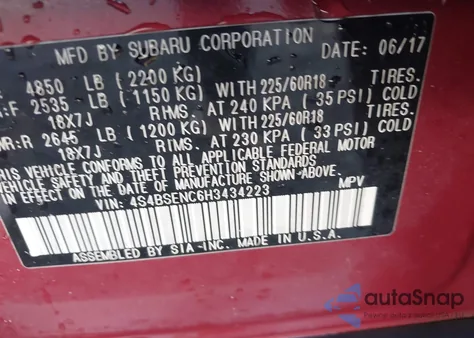 2017 Subaru Outback 3.6R Limited from USA, damaged, VIN 4S4BSENC6H3434223